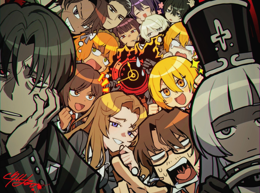 1other, 6+boys, 6+girls, black_eyes, black_hair, black_hat, blonde_hair, blue_eyes, bow, charon_(project_moon), cigarette, crying, dante_(limbus_company), dark-skinned_female, dark-skinned_male, dark_skin, don_quixote_(project_moon), everyone, faust_(project_moon), glasses, green_eyes, gregor_(project_moon), grey_eyes, grey_hair, hat, heathcliff_(project_moon), highres, hong_lu_(project_moon), ishmael_(project_moon), limbus_company, long_hair, looking_at_viewer, meursault_(project_moon), moffumofu0000, multiple_boys, multiple_girls, open_mouth, orange_hair, outis_(project_moon), parted_lips, project_moon, red_eyes, rodion_(project_moon), ryoshu_(project_moon), shako_cap, sidelocks, sinclair_(project_moon), smile, sparkle, sweat, vergilius_(project_moon), very_long_hair, white_bow, white_hair, yellow_eyes, yi_sang_(project_moon)