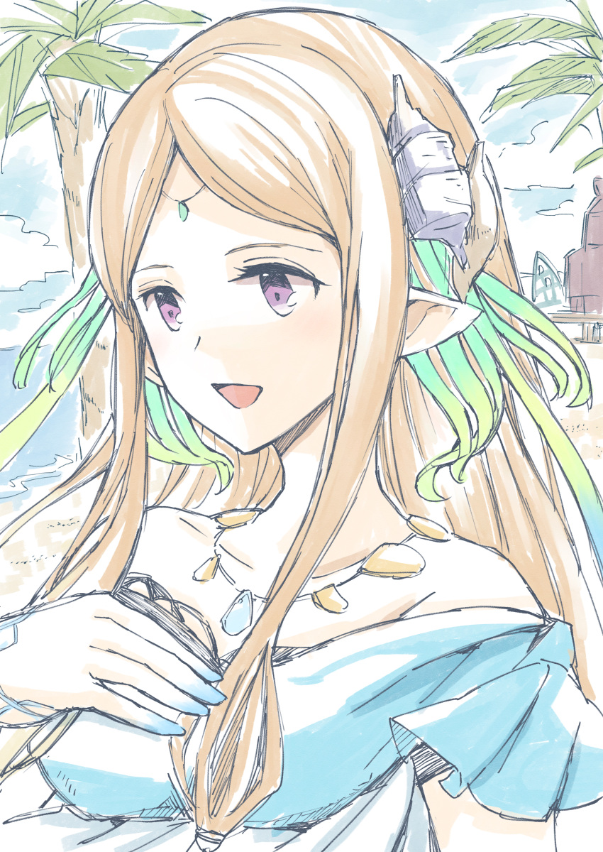 1girl, absurdres, beach, blonde_hair, blue_dress, blue_gloves, commentary_request, dress