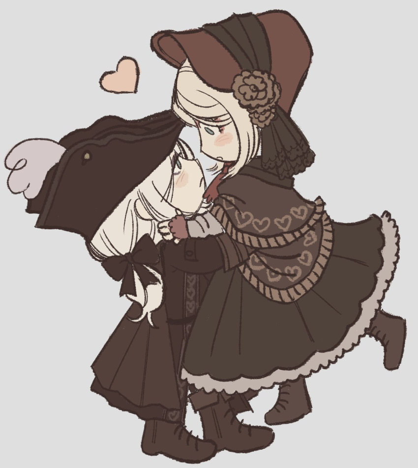 2girls, blonde_hair, bloodborne, blush, bonnet, boots, brown_bonnet, brown_coat, brown_dress, brown_footwear, chibi, chibi_only, closed_mouth, coat, commentary, dress, eye_contact, failentineland, hat, hat_feather, heart, highres, lady_maria_of_the_astral_clocktower, long_hair, looking_at_another, multiple_girls, plain_doll, simple_background, symbol-only_commentary, tricorne, white_background, white_hair, wide-eyed, yuri