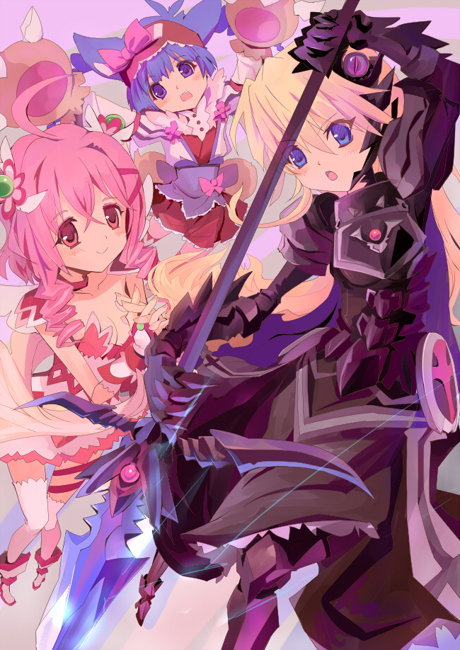3girls, armor, black_armor, blonde_hair, blue_eyes, blue_hair, bow, bowtie
