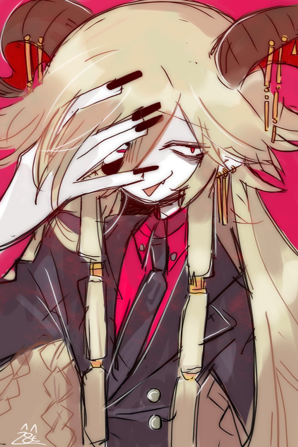 1boy, blonde_hair, coat, demon_boy, demon_horns, funamusea, highres, horns