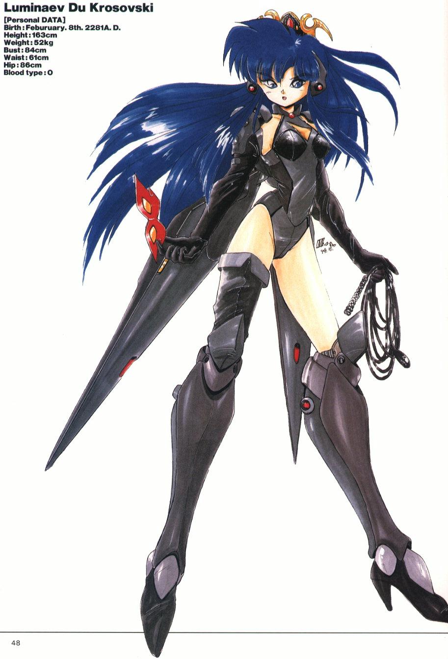 90s, ahoge, akitaka_mika, armor, black_gloves, blue_eyes, blue_hair, boots