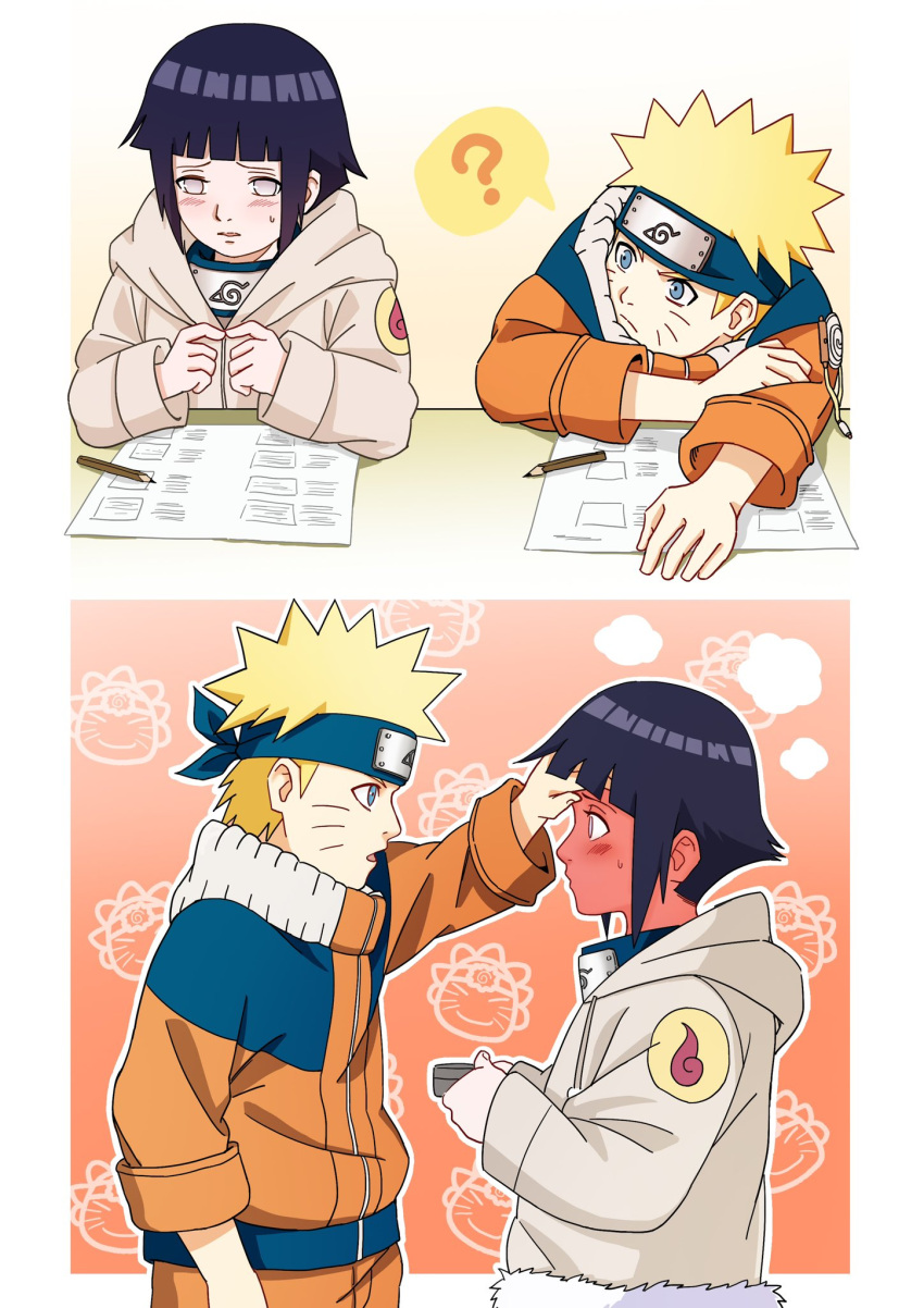1boy, 1girl, black_hair, blonde_hair, blush, border, full-face_blush, hand_on_another's_forehead
