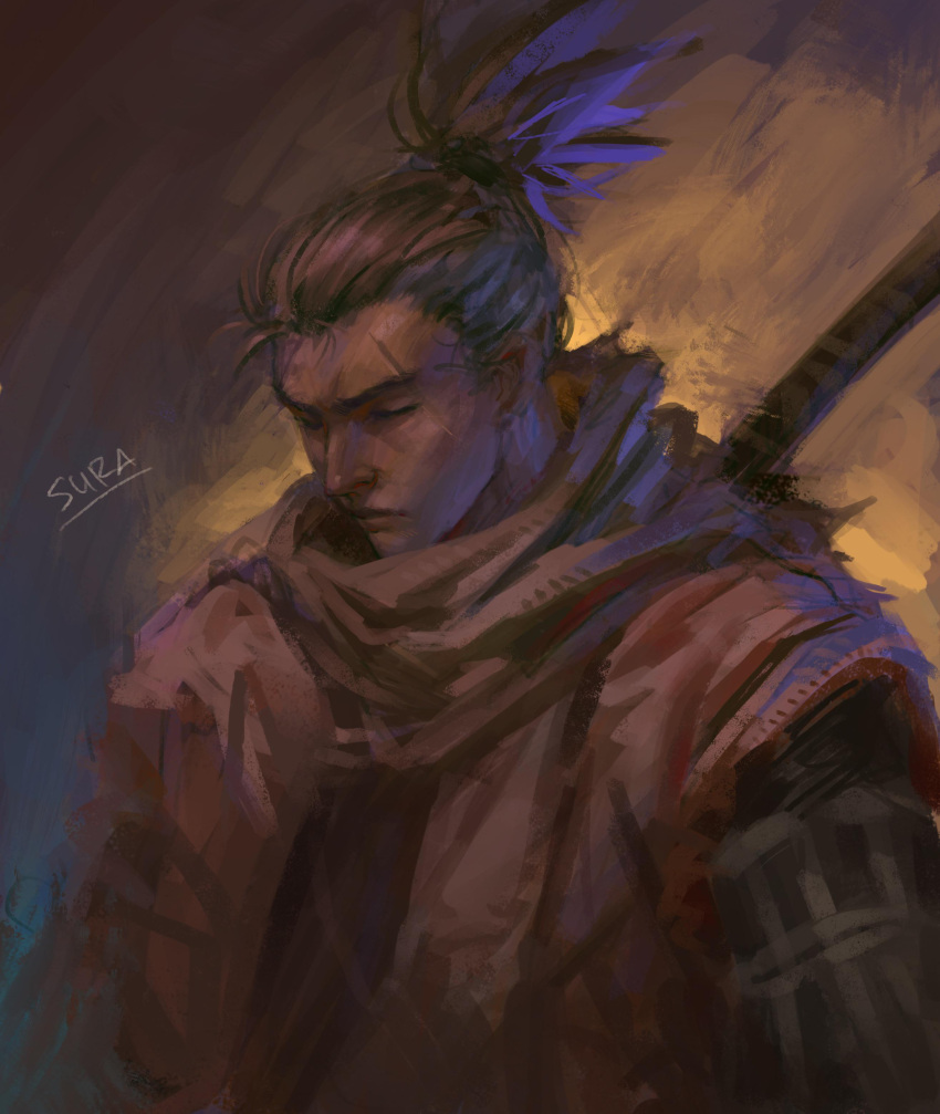1boy, absurdres, closed_eyes, coat, dark, expressionless, highres, japanese_clothes