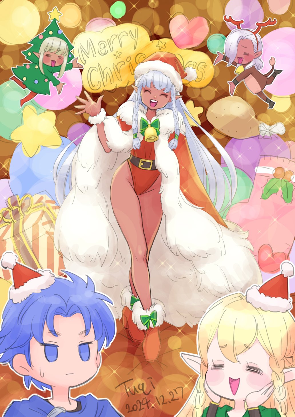 2boys, 3girls, alain_(unicorn_overlord), aqua_hair, bell, blonde_hair, blue_eyes, blue_hair