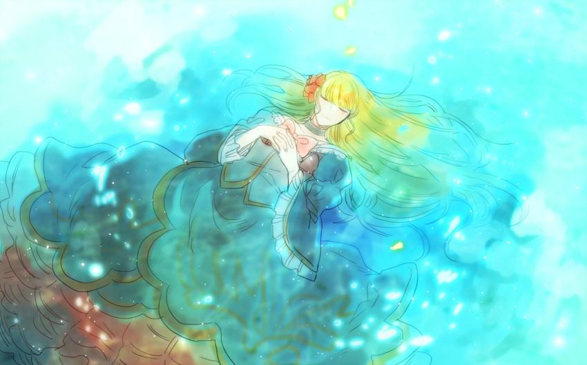 blonde_hair, closed_eyes, dress, eyes_closed, flower, hair_flower, hair_ornament, long_hair