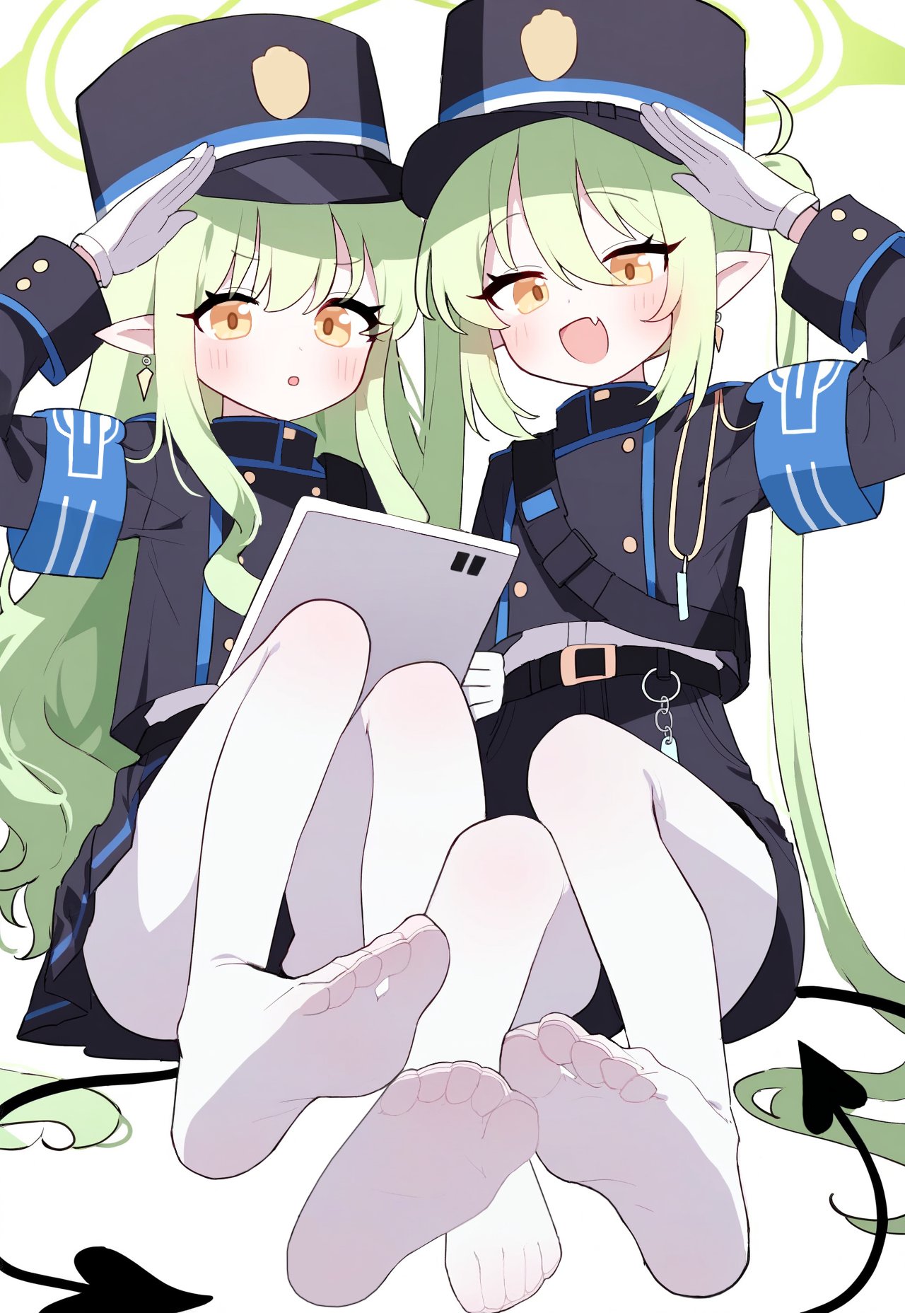 2girls, :o, armband, auto_ins, belt, black_belt, black_hat, black_jacket, black_shorts, black_skirt, blue_archive, blue_armband, blush, buttons, commentary, demon_tail, earrings, eyelashes, fang, flat_chest, gloves, green_hair, green_halo, halo, hand_up, hat, highres, hikari_(blue_archive), jacket, jewelry, legs, long_hair, long_sleeves, looking_at_viewer, multiple_girls, no_shoes, nozomi_(blue_archive), open_mouth, pantyhose, pointy_ears, salute, shorts, siblings, sidelocks, sisters, sitting, skin_fang, skirt, smile, tail, thighs, twintails, white_background, white_gloves, white_pantyhose, yellow_eyes