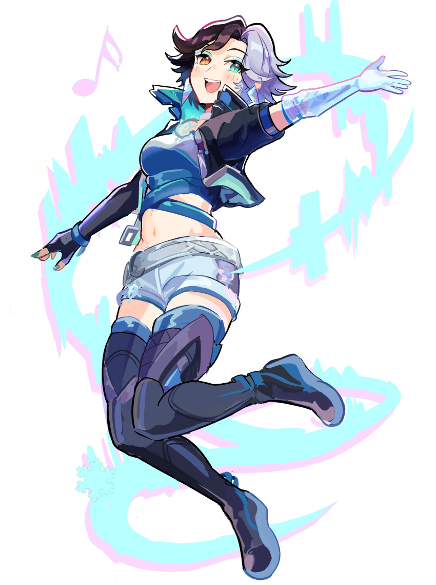 1girl, absurdres, black_hair, black_jacket, blue_eyes, breasts, choker, fingerless_gloves