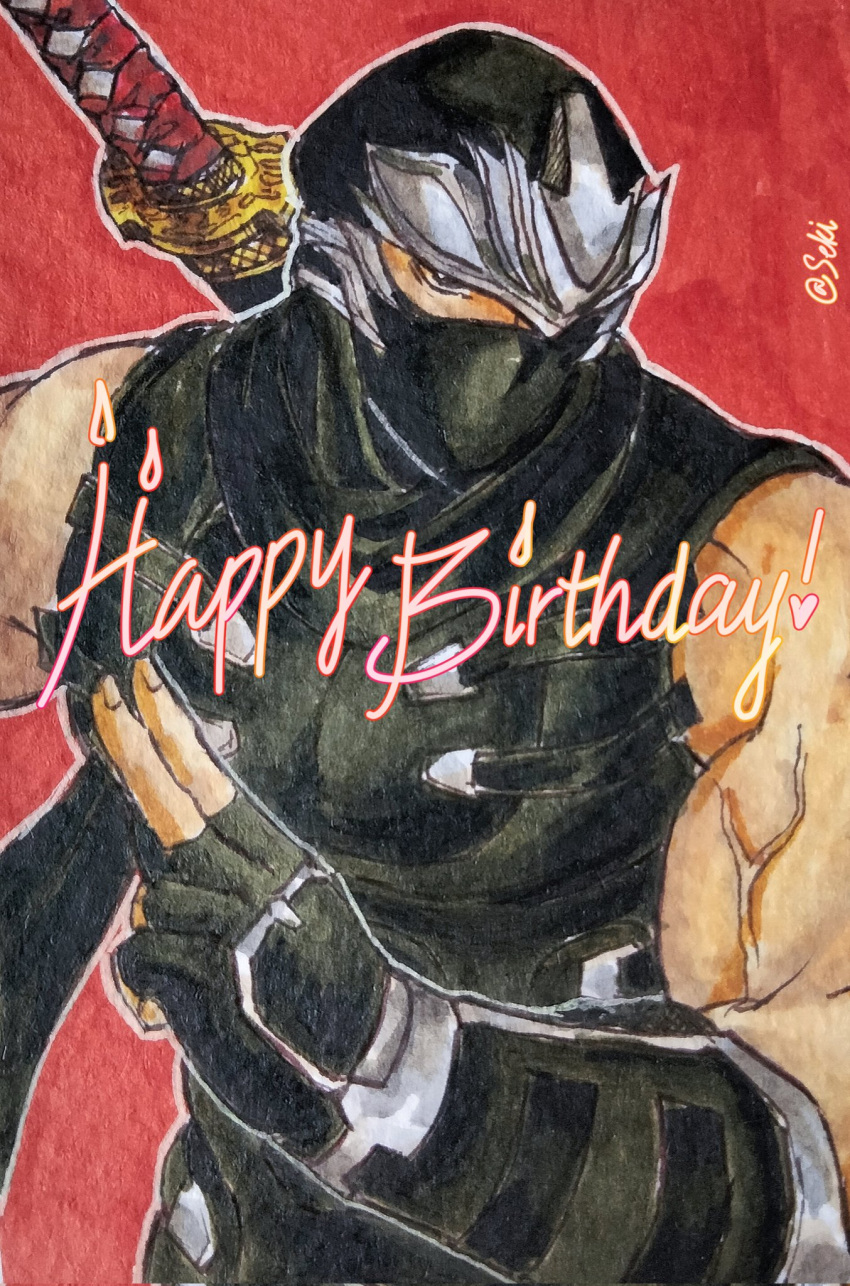 1boy, artist_name, black_mask, black_scarf, black_suit, happy_birthday, highres, katana