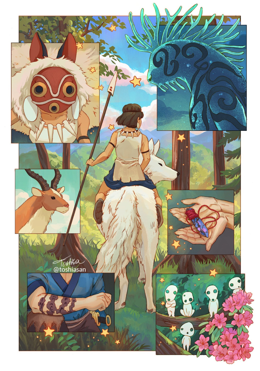 1boy, 1girl, animal, armlet, artist_name, ashitaka, back, blue_kimono