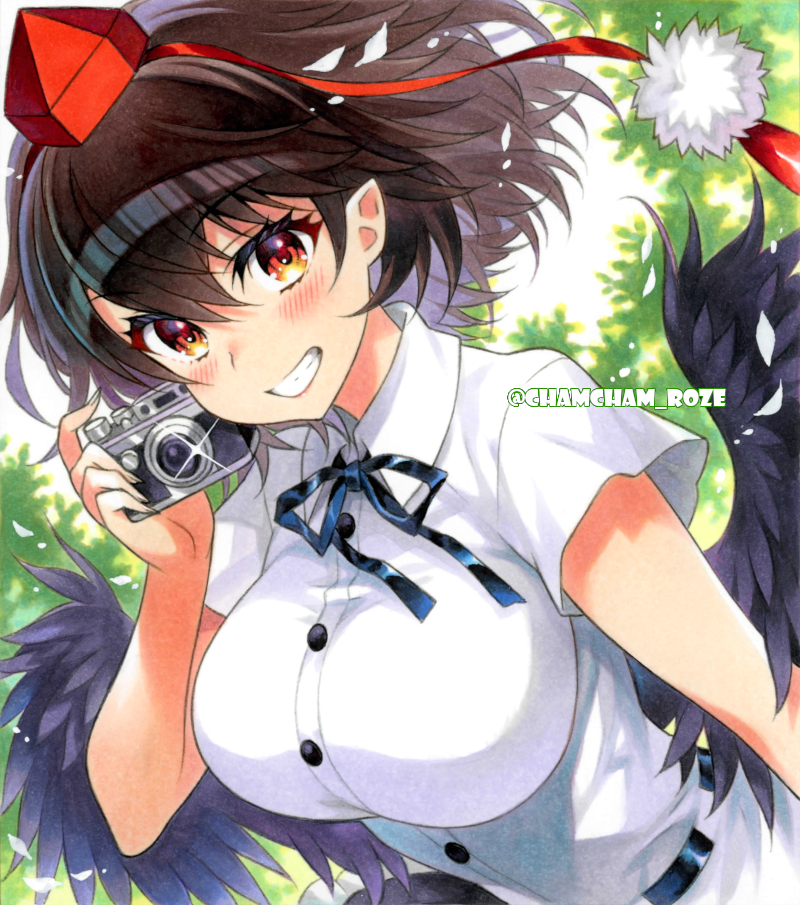 1girl, black_hair, black_skirt, black_wings, blush, breasts, brown_eyes, camera