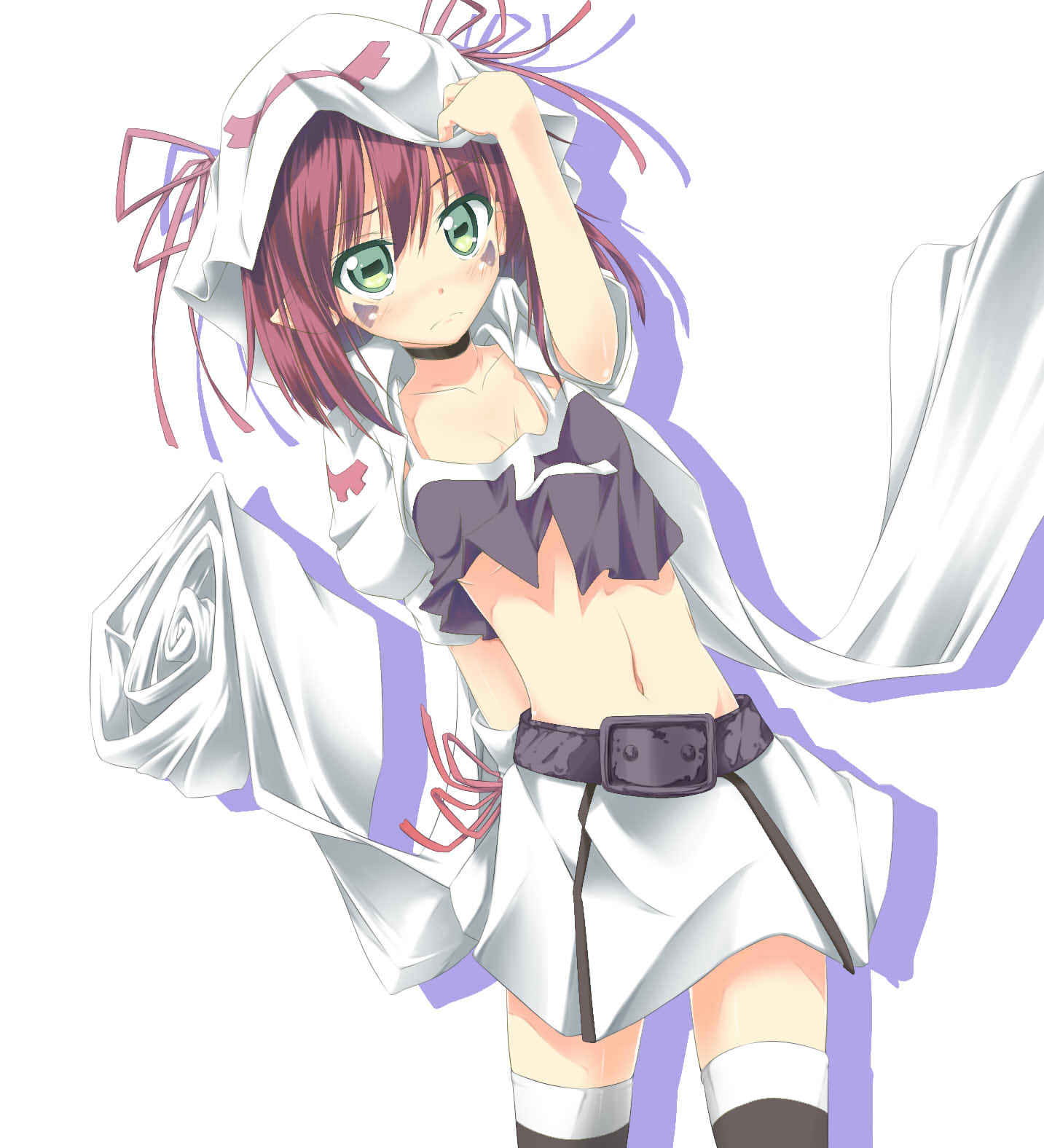 green_eyes, hat, highres, merry_nightmare, midriff, morito, navel, red_hair