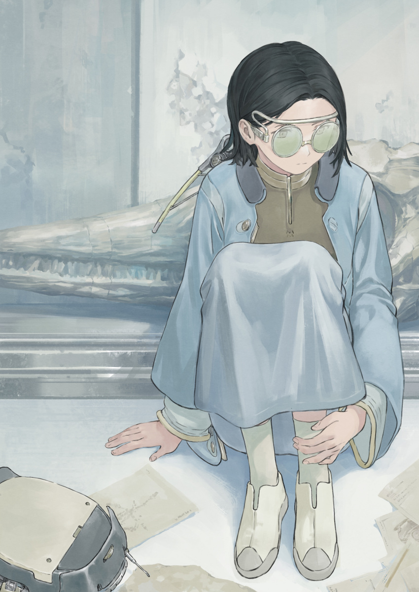 1girl, absurdres, arm_support, black_hair, blue_jacket, blue_skirt, brown_shirt, chenrong96