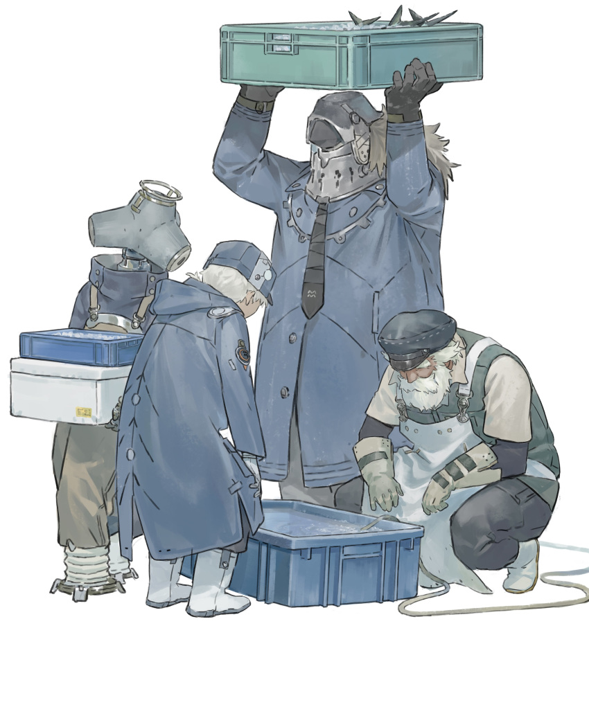 4boys, absurdres, apron, beard, black_gloves, black_necktie, blue_coat, blue_hat