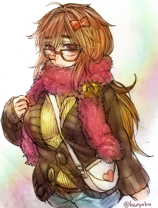 1girl, bag, black_cardigan, bow, breasts, brown_hair, cardigan, commentary_request