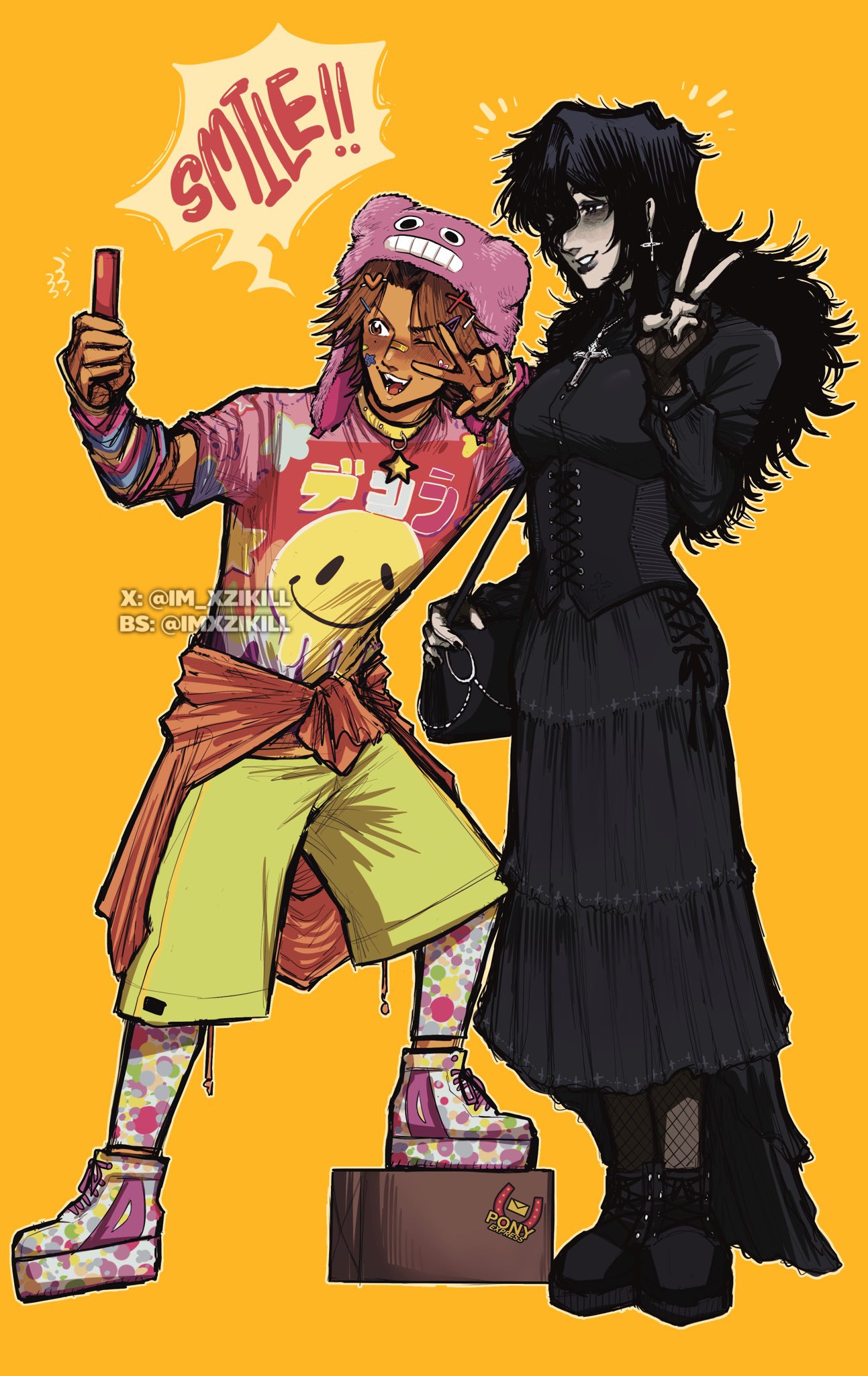 1boy, 1girl, anya_(mouthwashing), bag, black_eyes, black_hair, black_nails, brown_hair
