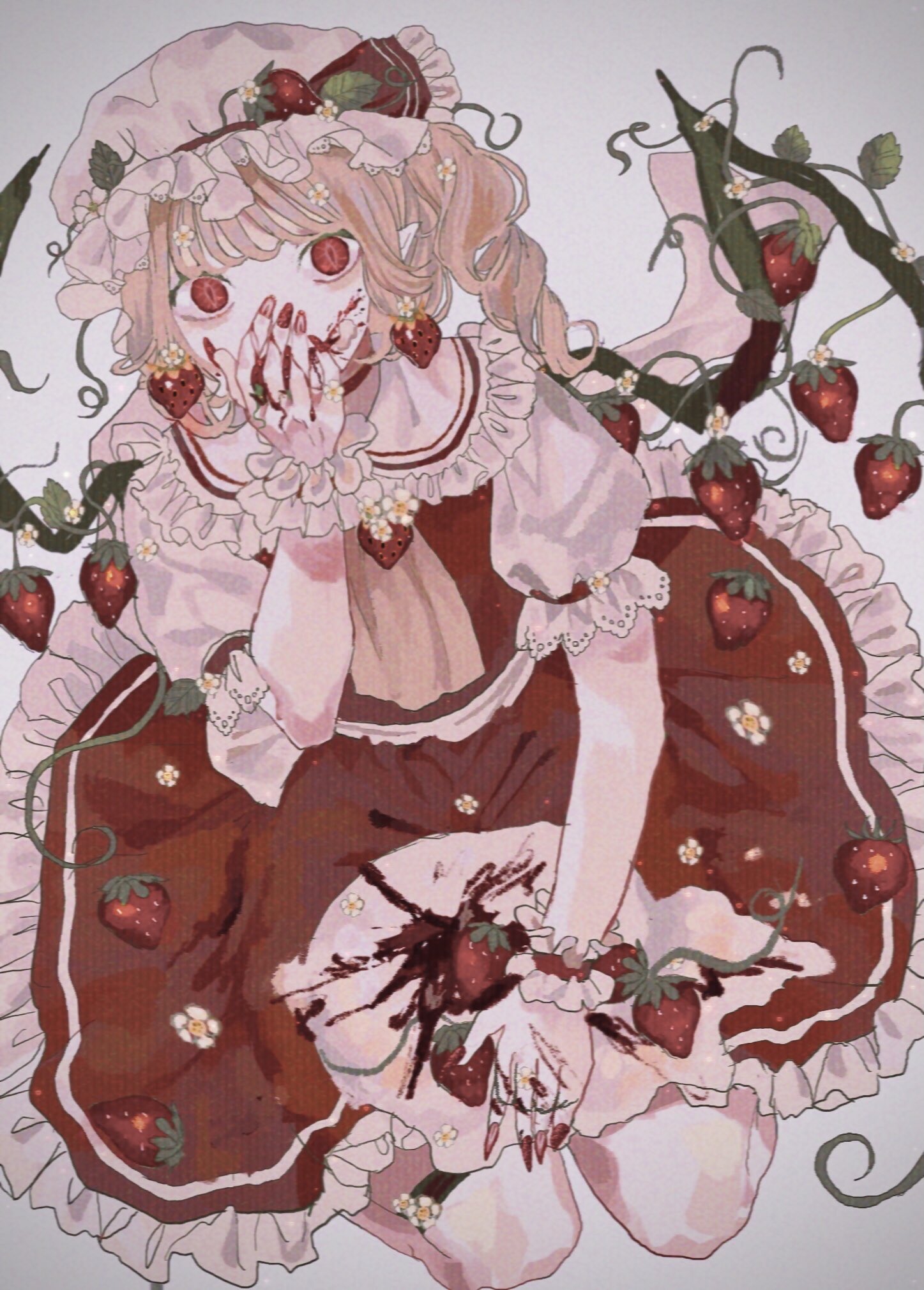 1girl, ascot, blonde_hair, bow, circle_skirt, collared_shirt, cream, earrings, eating, fingernails, flandre_scarlet, flower, food, food-themed_earrings, food_on_face, frilled_bow, frilled_cuffs, frilled_shirt_collar, frilled_skirt, frills, fruit, fruit_juice, full_body, grey_background, hand_up, hat, hat_bow, hat_flower, highres, jewelry, leaf, looking_at_viewer, mob_cap, nail_polish, plant, pointy_ears, puffy_short_sleeves, puffy_sleeves, red_bow, red_eyes, red_nails, red_skirt, red_vest, ringlets, sharp_fingernails, shirt, shiwaiji, short_sleeves, side_ponytail, simple_background, sitting, skirt, skirt_set, slit_pupils, solo, splatter, strawberry, strawberry_earrings, strawberry_hat_ornament, thigh_strap, touhou, vest, vines, white_flower, white_hat, white_shirt, wings, wrist_cuffs, yellow_ascot
