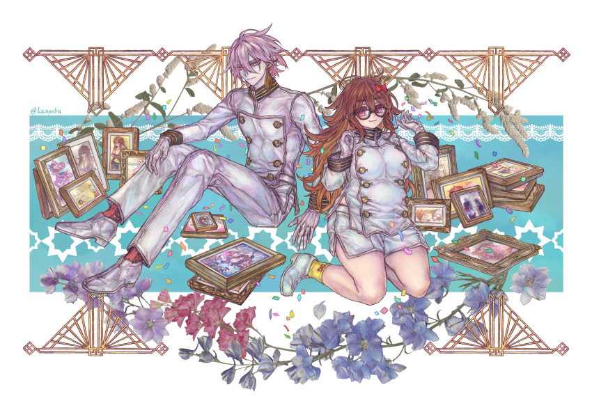 1boy, 1girl, black-framed_eyewear, blue_eyes, bow, breasts, brown_hair, commentary_request