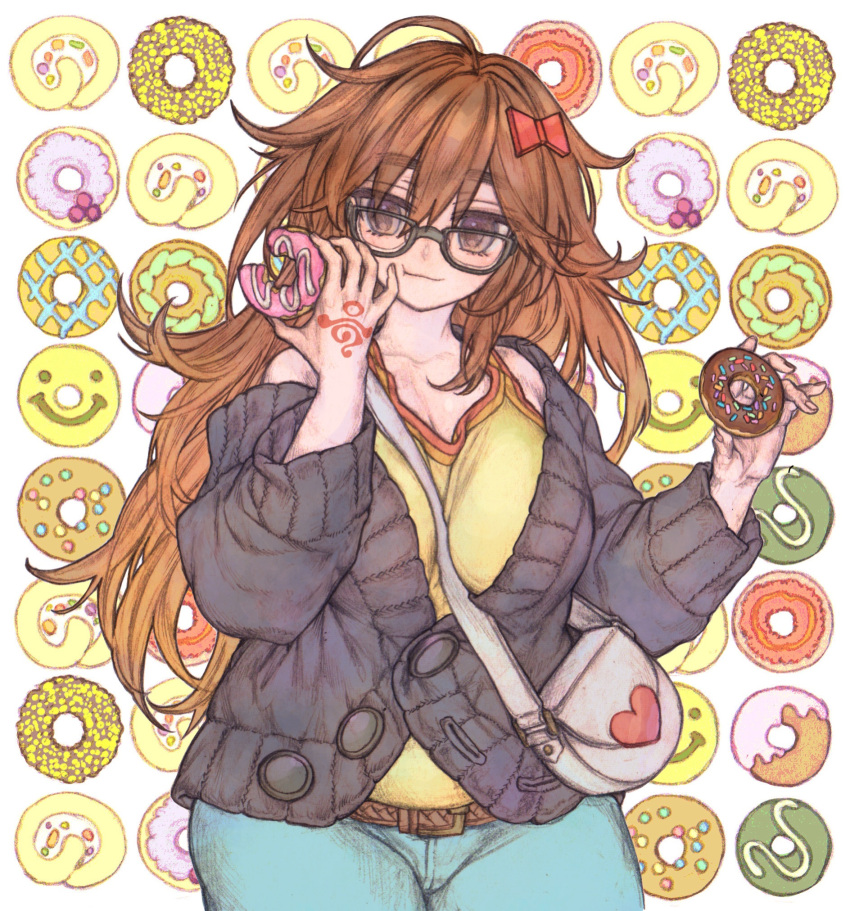1girl, ahoge, bag, belt, black-framed_eyewear, black_cardigan, blue_pants, bow, breasts, brown_belt, brown_eyes, brown_hair, cardigan, command_spell, commentary_request, doughnut, eating, eyes_visible_through_hair, fate/extra, fate/extra_ccc, fate_(series), food, glasses, hair_bow, handbag, highres, holding, holding_food, jinako_carigiri, kanyobu, large_breasts, long_hair, off_shoulder, pants, solo, tank_top, thick_eyebrows, thick_thighs, thighs, upper_body, yellow_tank_top