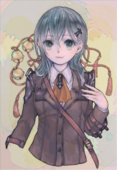 1girl, aqua_eyes, aqua_hair, ascot, bell, breasts, brown_jacket, commentary
