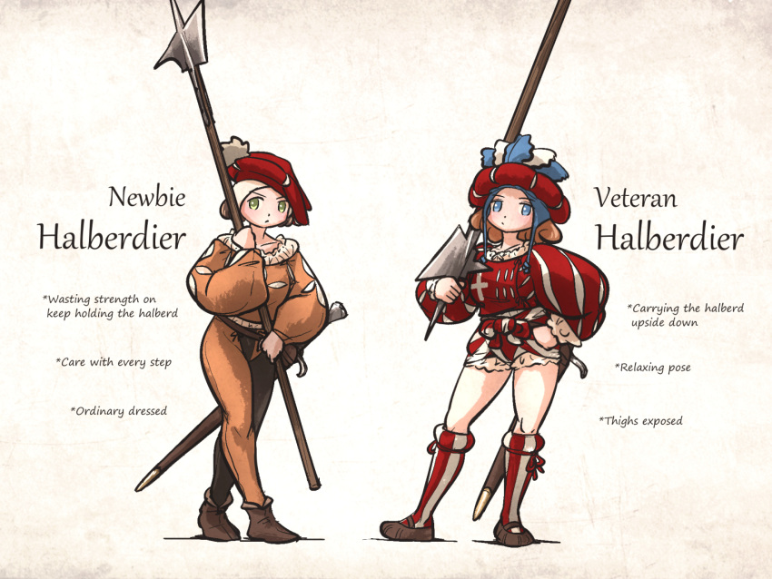 2girls, armor, blue_eyes, brown_footwear, brown_hair, chaperon_hat, closed_mouth, coif