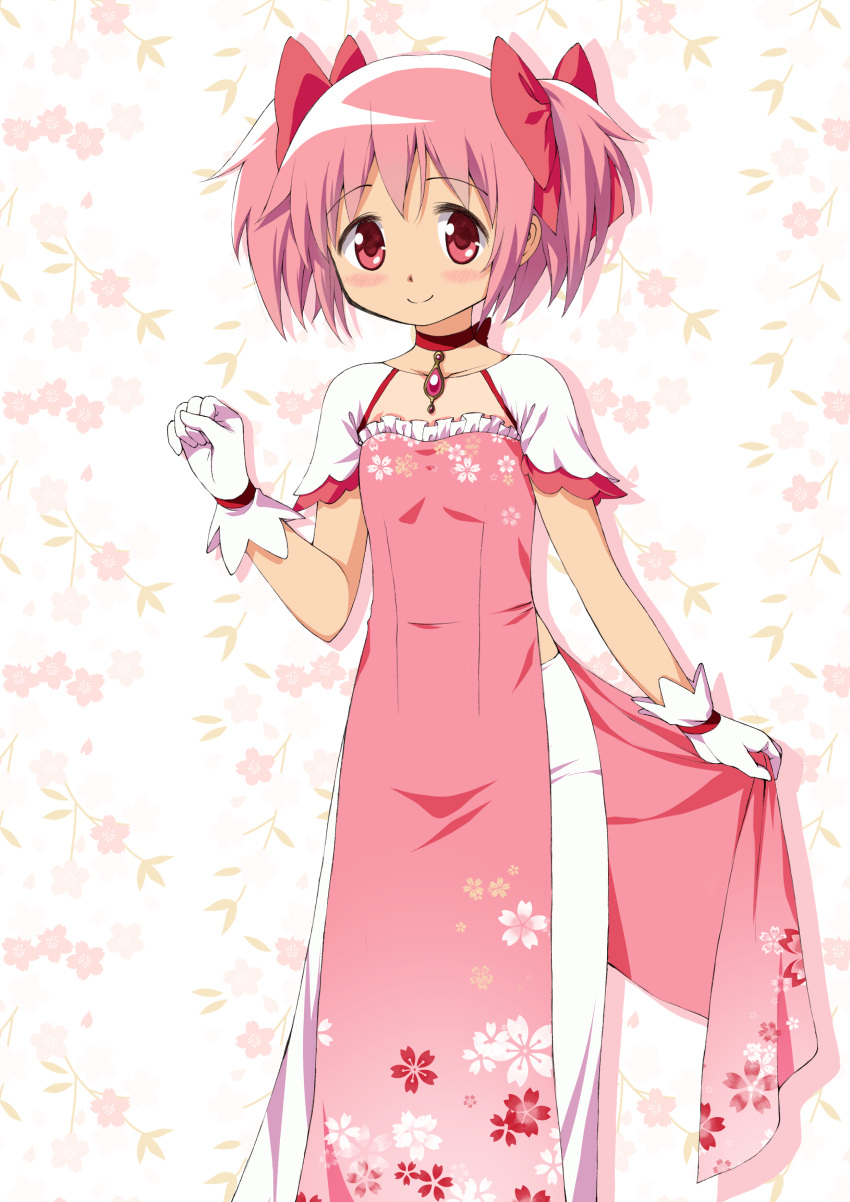 absurdres, ao_dai, blush, bow, bowtie, cherry_blossom_print, dress, floral_background, floral_print, gloves, highres, jewelry, kaname_madoka, magical_girl, mahou_shoujo_madoka_magica, mahou_shoujo_madoka_magica_(anime), necklace, phanc, pink_bow, pink_bowtie, pink_dress, pink_hair, red_eyes, white_gloves