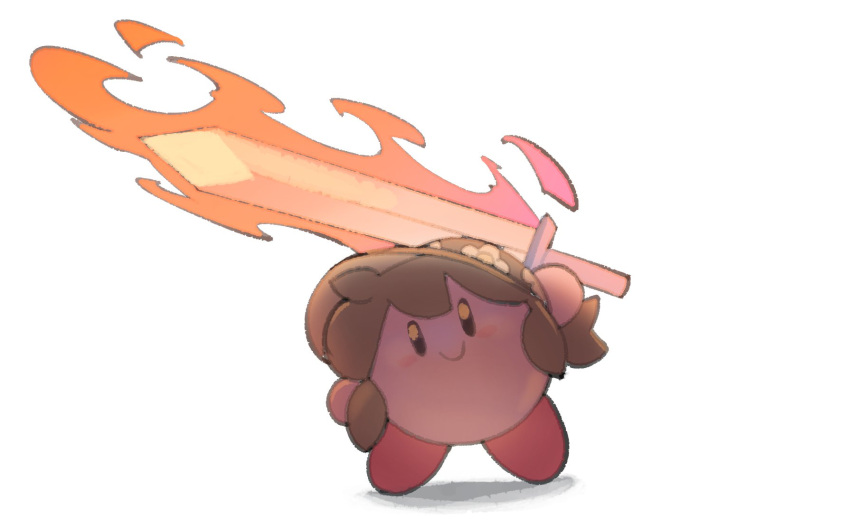 blush, blush_stickers, closed_mouth, commentary, cosplay, english_commentary, fire, flaming_sword