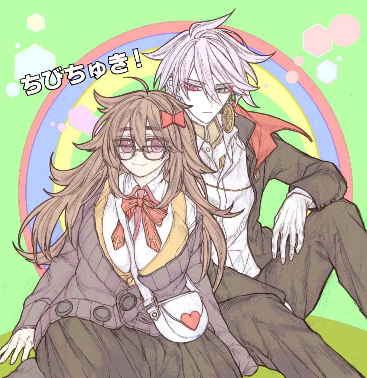 1boy, 1girl, ahoge, black-framed_eyewear, black_cardigan, blue_eyes, bow, bowtie