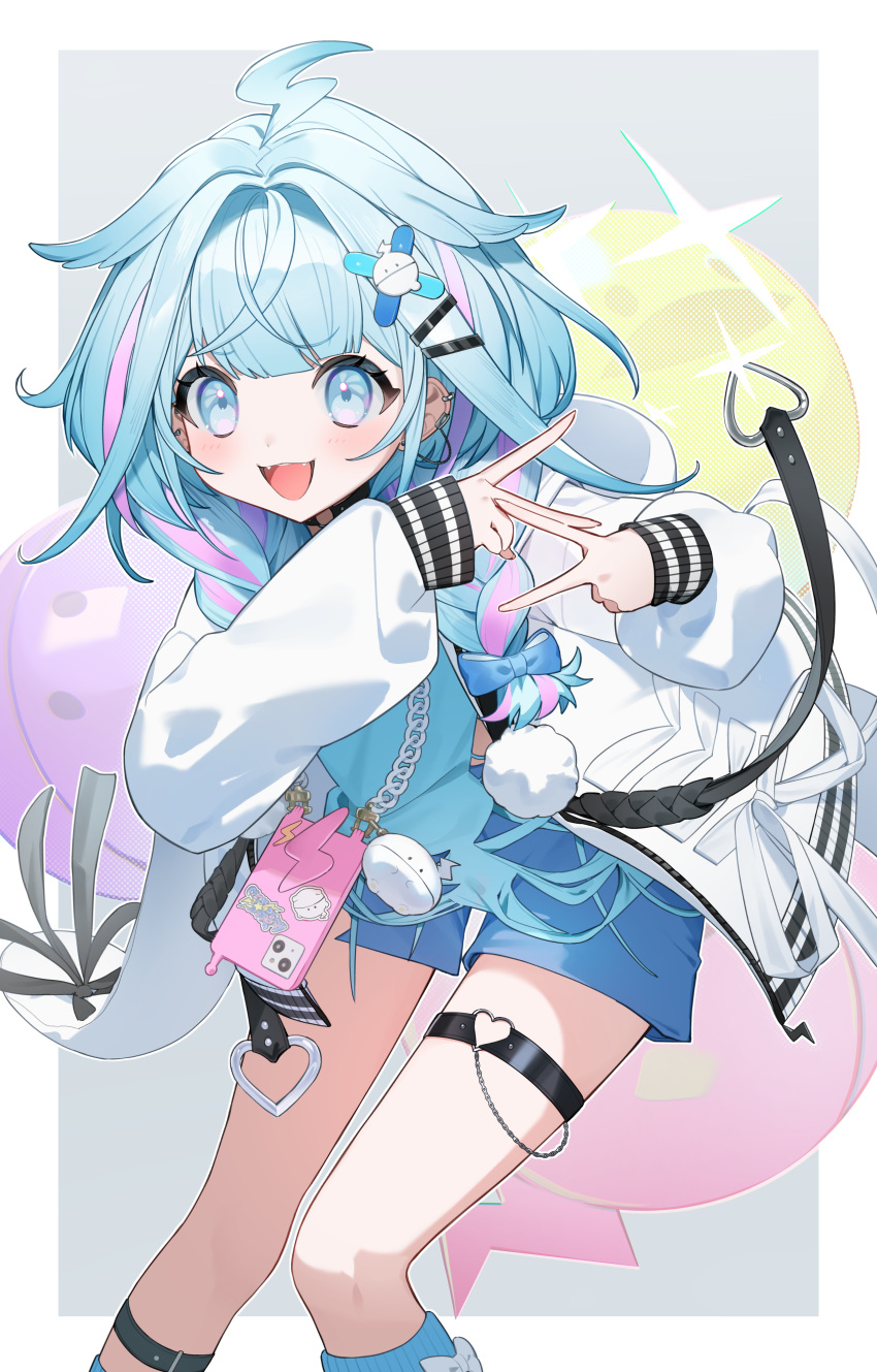 1girl, absurdres, ahoge, ankle_socks, asymmetrical_legwear, blue_eyes, blue_hair, blue_shirt