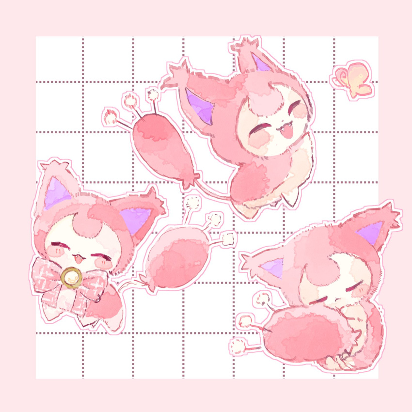 animal_focus, blush, blush_stickers, bow, bug, butterfly, cat, closed_eyes, closed_mouth, fangs, highres, kako_xox, no_humans, open_mouth, pink_bow, pokemon, pokemon_(creature), skitty, sleeping, smile