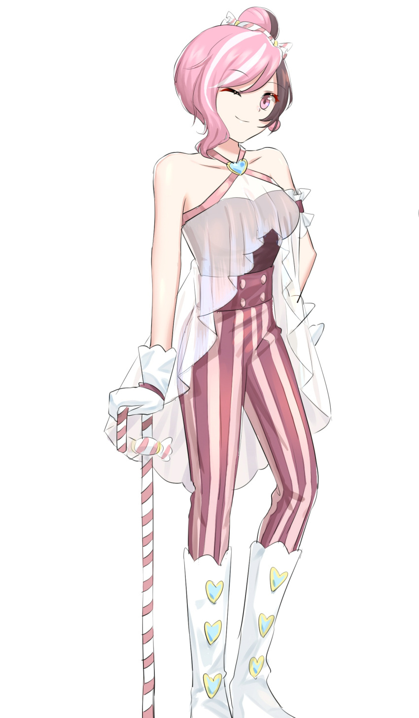 1girl, ;), absurdres, alternate_costume, alternate_hair_length, alternate_hairstyle, arm_behind_back, boots