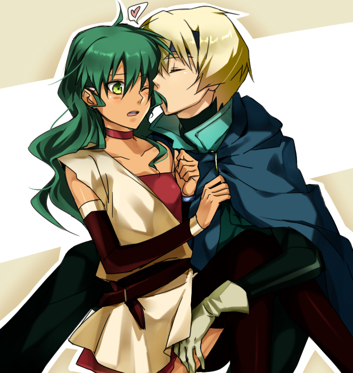 1boy, 1girl, blonde_hair, blue_cloak, blue_hairband, blue_jacket, blush, brown_gloves