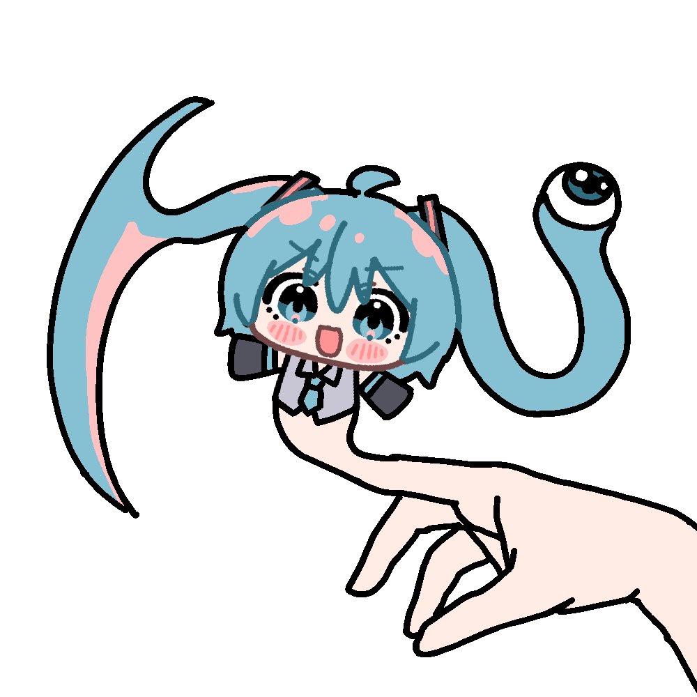 1girl, 1other, ahoge, blue_eyes, blush_stickers, chibi, chibi_only, commentary, extra_eyes, hashtag-only_commentary, hatsune_miku, kiseijuu, looking_at_viewer, migi_(kiseijuu), monster_girl, open_mouth, pov, pov_hands, prehensile_hair, simple_background, smile, solo_focus, tareme, twintails, v-shaped_eyebrows, vocaloid, white_background, yukkuri_yuduki