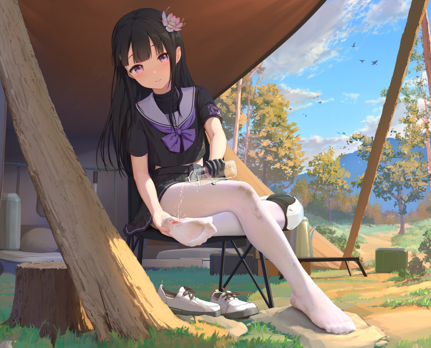 absurdres, black_hair, dirty, dirty_clothes, flower, gloves, hair_flower, hair_ornament