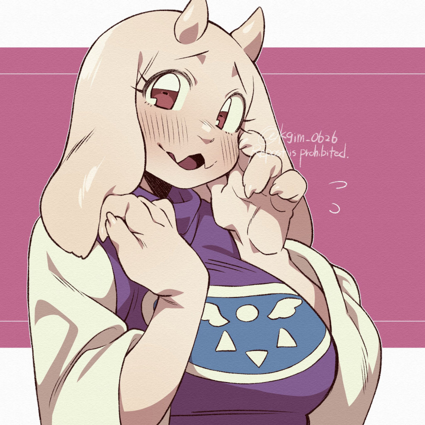 1girl, animal_ears, blush, commentary_request, dress, fangs, fewer_digits, flying_sweatdrops, furry, furry_female, goat_ears, goat_girl, hand_on_own_cheek, hand_on_own_face, hands_up, highres, horns, kageimo, letterboxed, long_sleeves, looking_at_viewer, open_mouth, outside_border, pink_background, pink_eyes, purple_dress, simple_background, skin_fangs, solo, tongue, toriel, turtleneck, turtleneck_dress, undertale, upper_body, watermark, white_fur