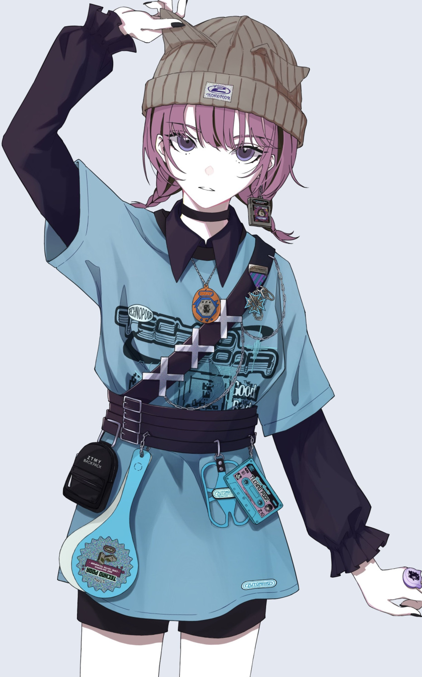 1girl, absurdres, alternate_costume, baka_janai_noni_(zutomayo), beanie, belt, black_belt, black_choker, black_nails, black_shirt, black_shorts, black_undershirt, blue_shirt, brown_hat, choker, collared_shirt, colored_inner_hair, hand_on_own_hat, hat, highres, jewelry, layered_sleeves, long_sleeves, looking_at_viewer, multicolored_hair, necklace, nira-chan, nira-chan_(baka_janai_noni)_(zutomayo), pink_hair, shamoji, shirt, short_over_long_sleeves, short_sleeves, shorts, shoulder_belt, spica_enikki, standing, streaked_hair, violet_eyes, zutto_mayonaka_de_ii_no_ni
