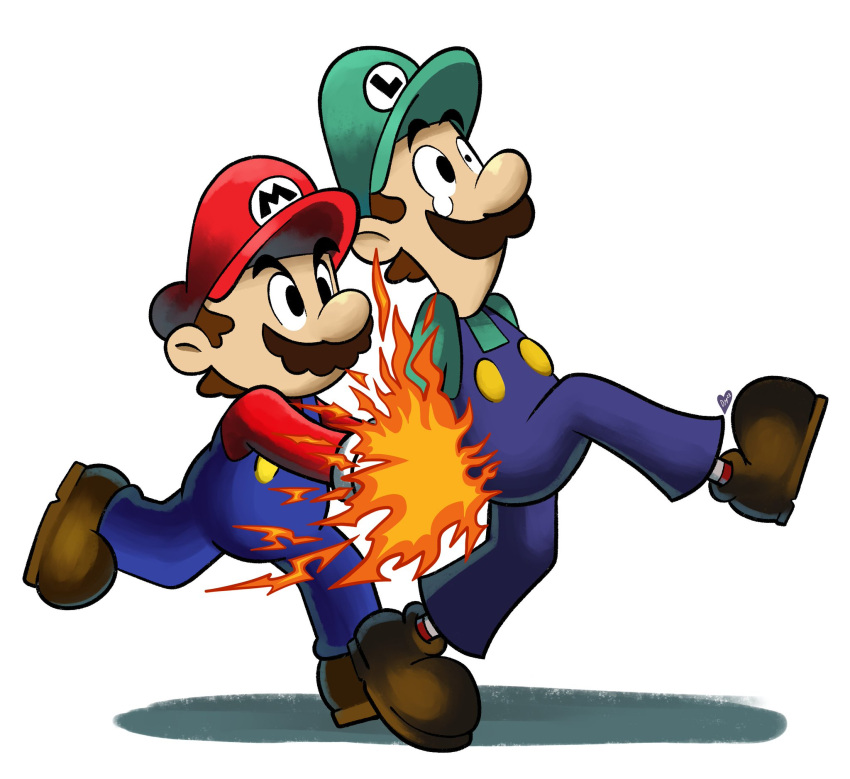 2boys, arms_behind_back, blue_overalls, brothers, burning, domestic_maid, facial_hair, fire