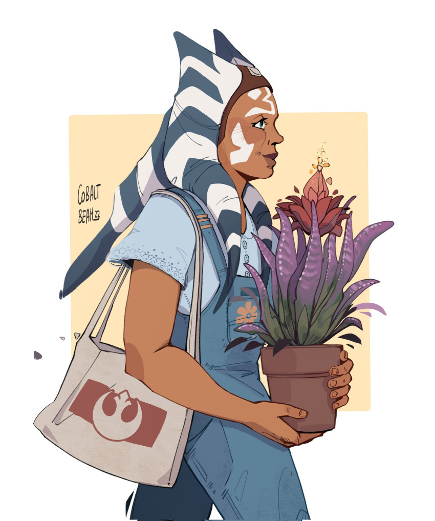 1girl, ahsoka_tano, alien, artist_name, bag, blue_eyes, blue_overalls, blue_shirt