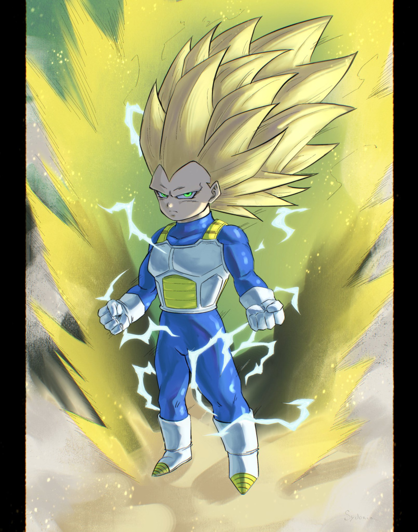 1boy, armor, aura, blonde_hair, boots, commentary, dragon_ball, dragon_ball_daima