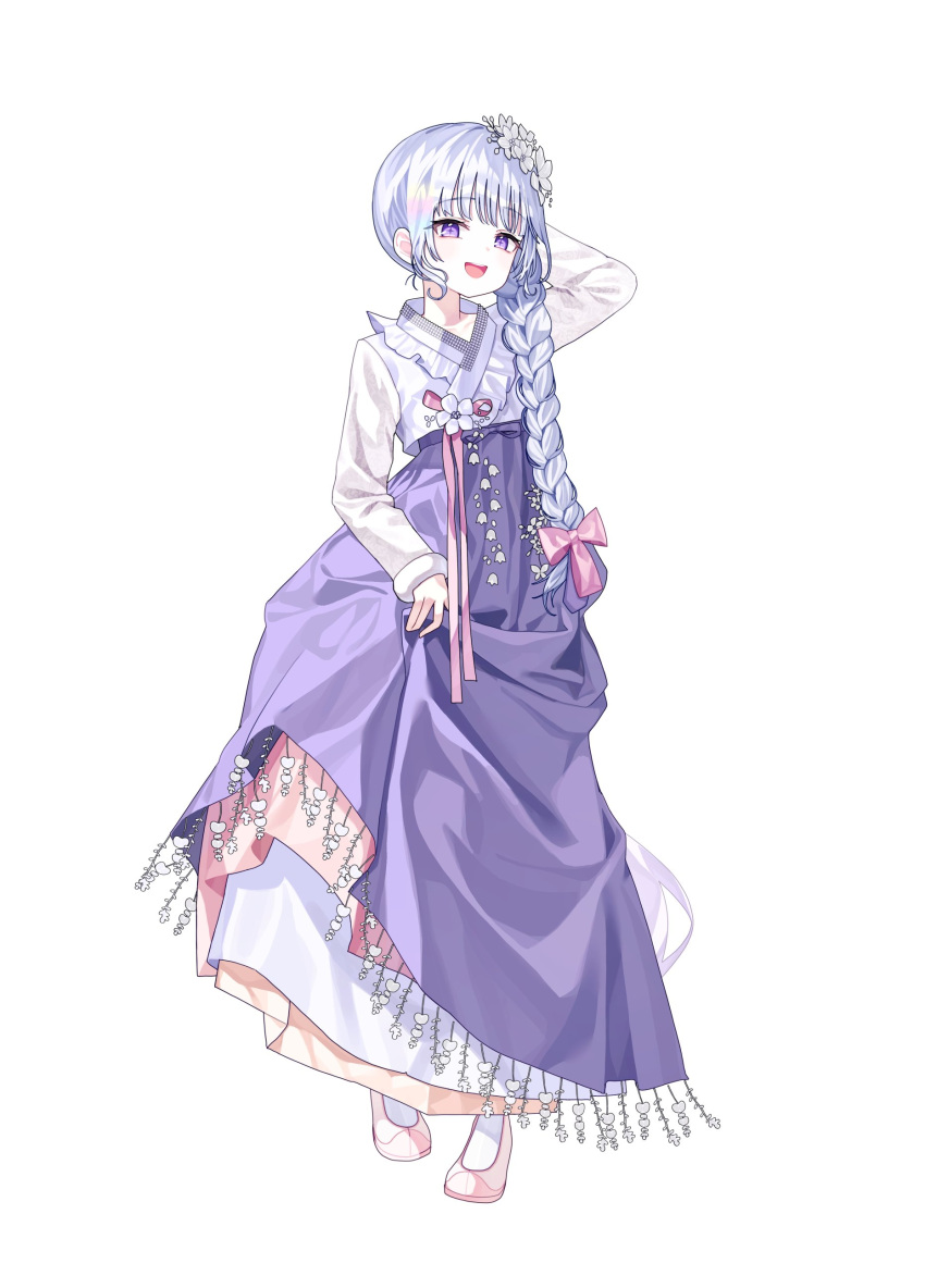 1girl, absurdres, arm_behind_head, ayatsuno_yuni, bow, braid, flower, grey_hair
