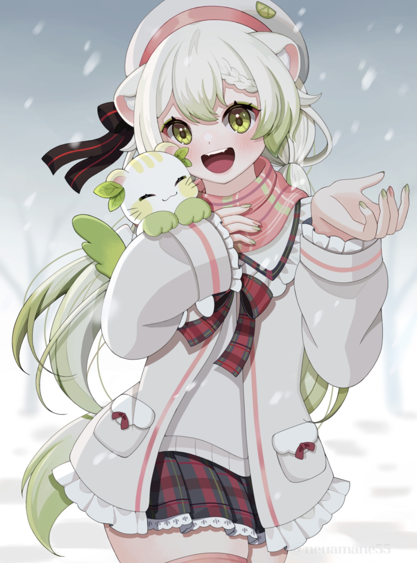 1boy, 1girl, animal_ears, beret, braid, ferret, ferret_ears, ferret_girl