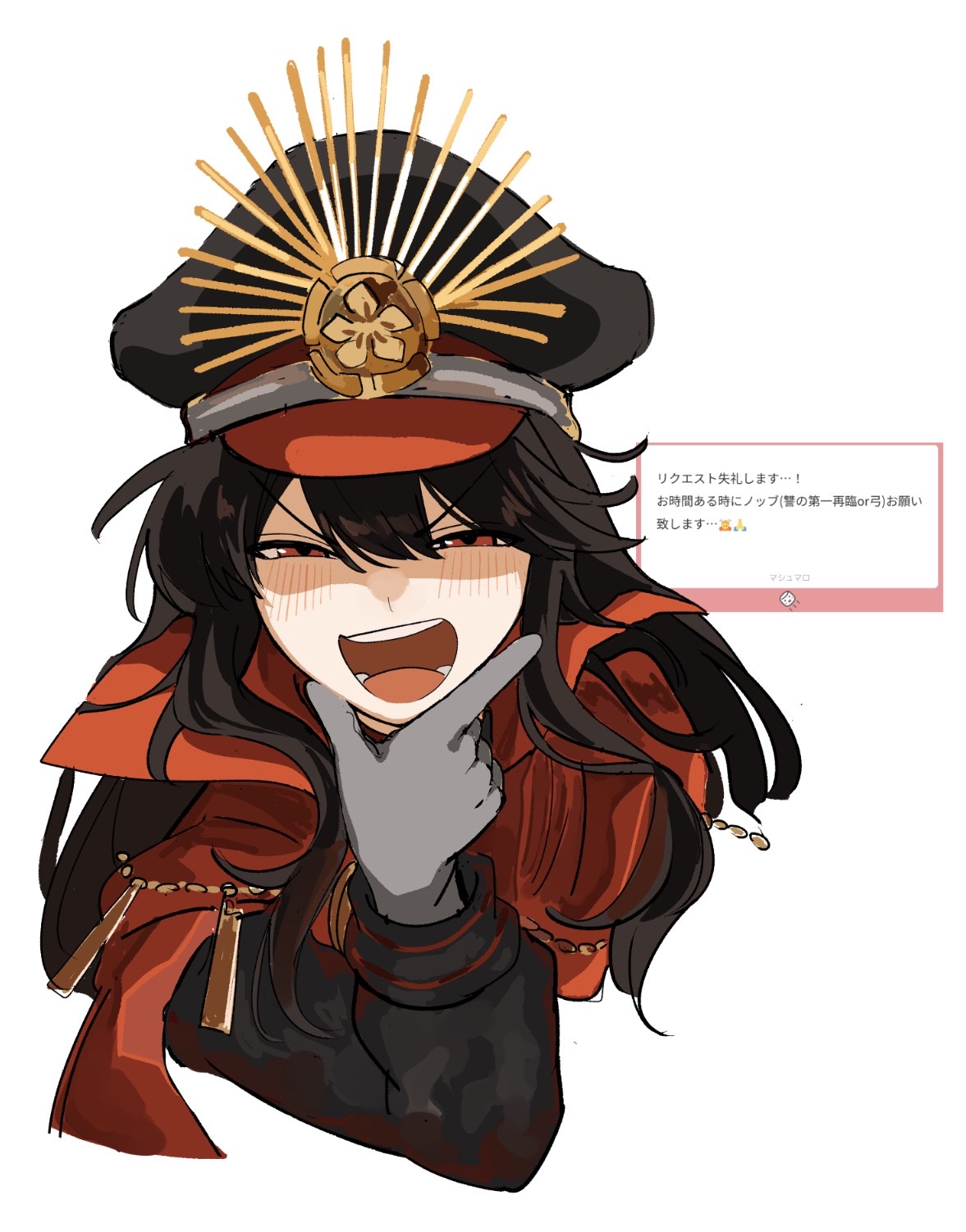 1girl, black_hair, black_hat, black_shirt, blush, cape, fate_(series), finger_gun, half-closed_eyes, hand_on_own_chin, hat, highres, long_hair, long_sleeves, military_uniform, nyokinyoki_18, oda_nobunaga_(fate), oda_nobunaga_(koha-ace), oda_uri, open_mouth, peaked_cap, red_cape, red_eyes, scowl, shirt, simple_background, smile, solo, white_background