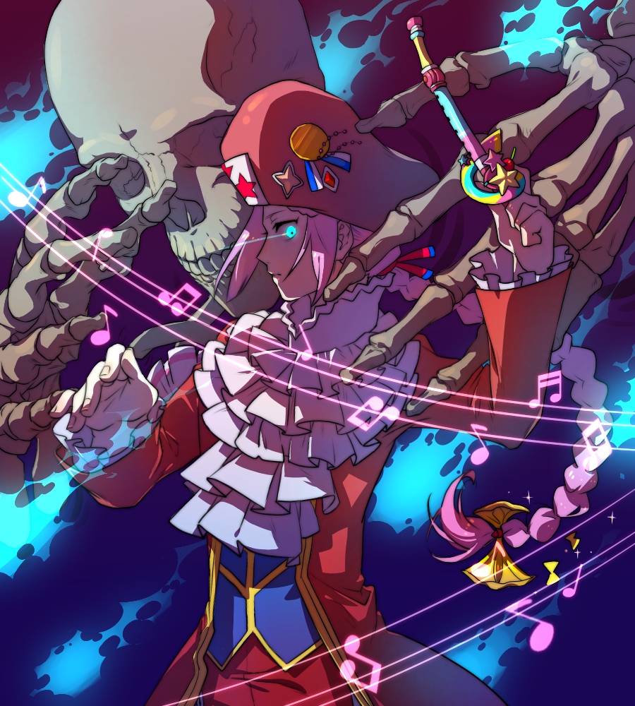 1boy, ascot, braid, classicaloid, eye_trail, fingernails, flute, hat, holding, holding_flute, holding_instrument, instrument, jacket, light_trail, long_braid, long_sleeves, looking_at_viewer, male_focus, musical_note, pants, parted_lips, pink_hair, red_hat, red_jacket, red_pants, single_braid, skeleton, solo, staff_(music), white_ascot, wolfgang_amadeus_mozart_(classicaloid), zhan_(754446249)
