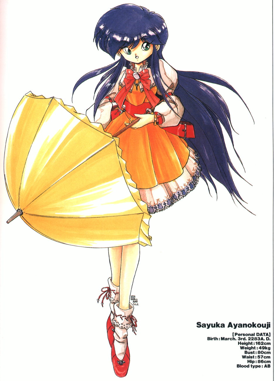 90s, ahoge, akitaka_mika, ayanokouji_sakuya, belt, blue_hair, bow, character_name