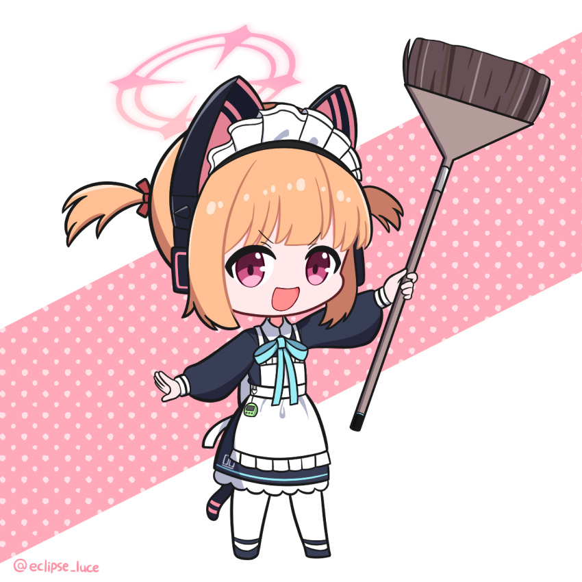 1girl, :d, animal_ear_headphones, animal_ears, apron, black_dress, black_footwear, blonde_hair