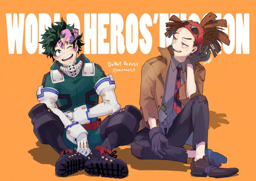 2boys, bird, black_footwear, black_gloves, bodysuit, boku_no_hero_academia, brown_hair, english_text
