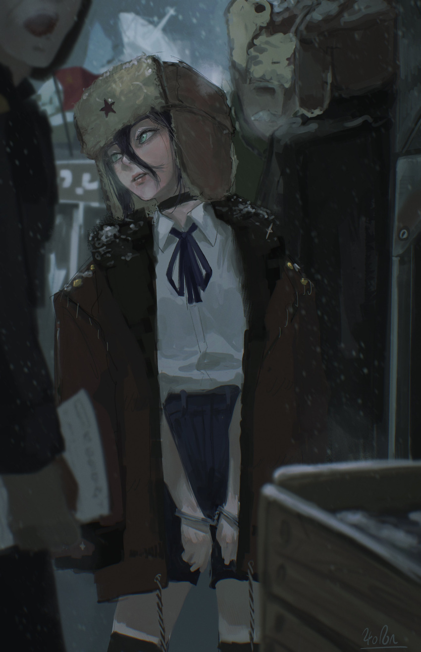 1girl, 240_ron, 2boys, absurdres, black_choker, black_coat, black_socks, breath, chainsaw_man, choker, coat, collared_shirt, crate, cuffs, fur_hat, hair_between_eyes, handcuffs, hat, highres, holding, holding_paper, multiple_boys, open_clothes, open_coat, paper, parted_lips, purple_hair, purple_ribbon, purple_shorts, reze_(chainsaw_man), ribbon, shirt, shirt_tucked_in, short_hair, shorts, snow_on_headwear, socks, ushanka, white_shirt, winter_clothes, yellow_eyes