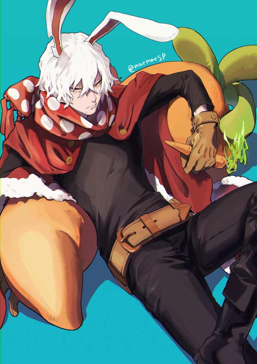 1boy, animal_ears, black_pants, black_shirt, blue_background, boku_no_hero_academia, brown_gloves, carrot
