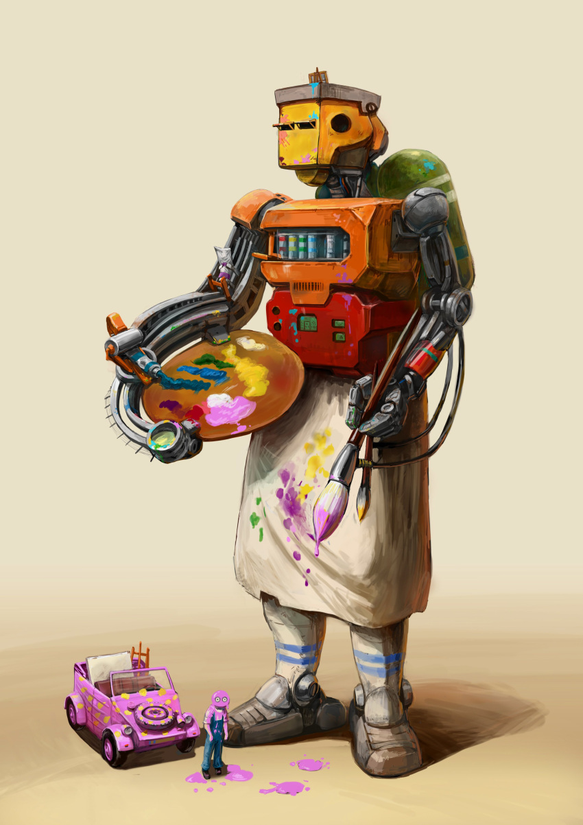 absurdres, car, giant_brush, highres, holding, holding_paintbrush, mechanical_arms, motor_vehicle