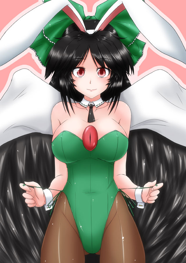 animal_ears, ashcape, bare_shoulders, black_hair, black_wings, bow, breasts, bunny_ears